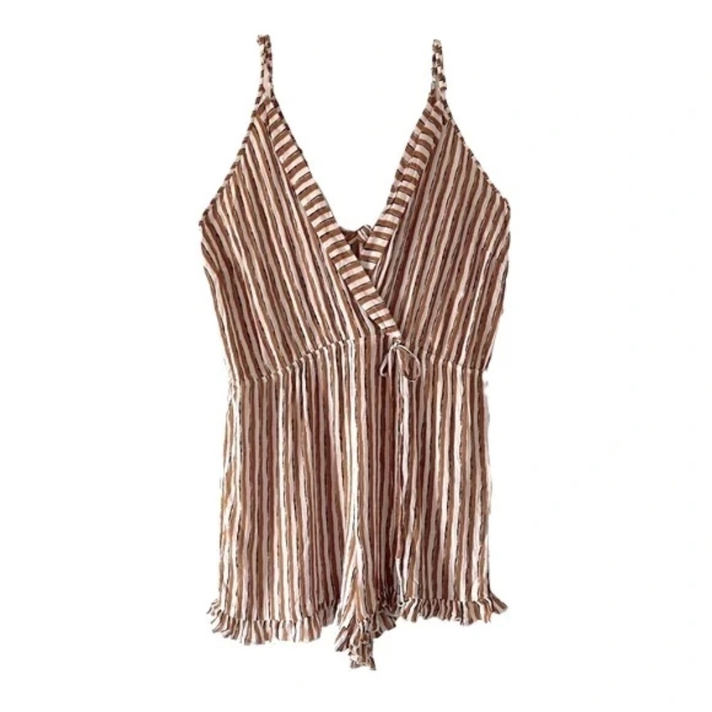 Go Coco | New Mustard Yellow Striped Surplice V-Neck Ruffled Romper, 2XL
